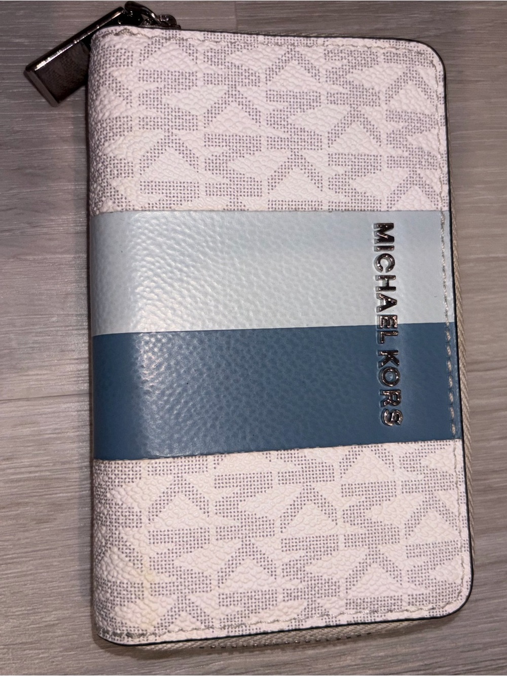 Michael Kors Striped Zip Wallet in White and Blue Tones
